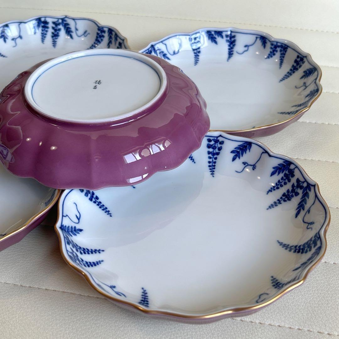 たち吉　金彩　紫　輪花皿揃　5枚セット　染付　銘々皿　中皿　和皿　和食器　花紋