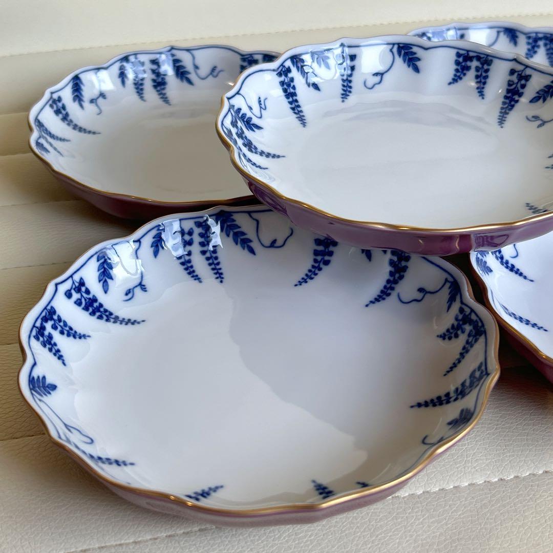 たち吉　金彩　紫　輪花皿揃　5枚セット　染付　銘々皿　中皿　和皿　和食器　花紋