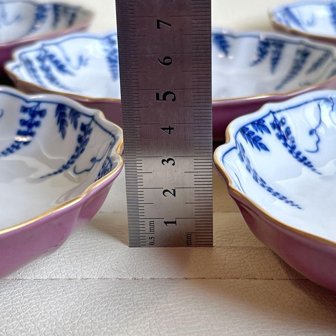 たち吉　金彩　紫　輪花皿揃　5枚セット　染付　銘々皿　中皿　和皿　和食器　花紋