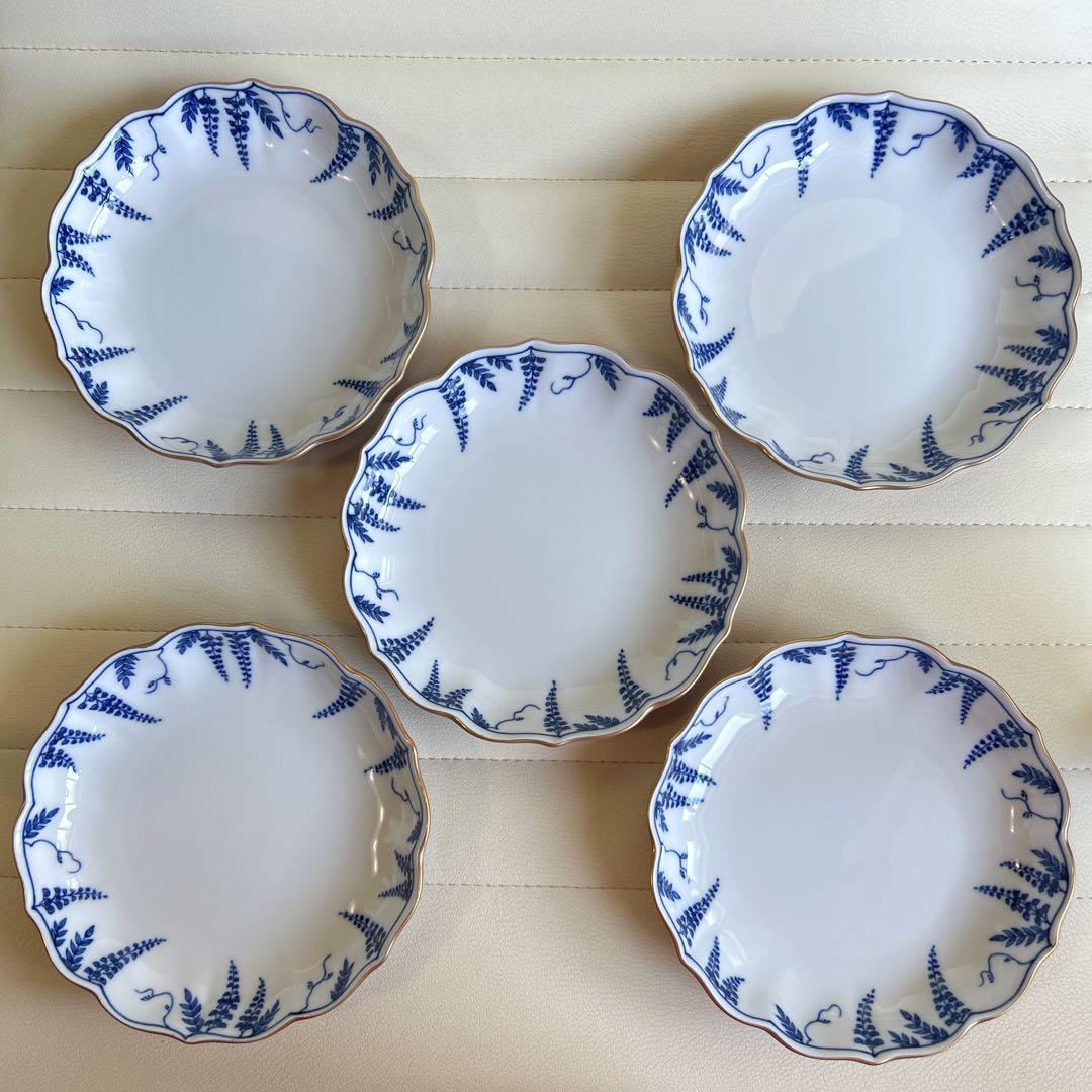 たち吉　金彩　紫　輪花皿揃　5枚セット　染付　銘々皿　中皿　和皿　和食器　花紋