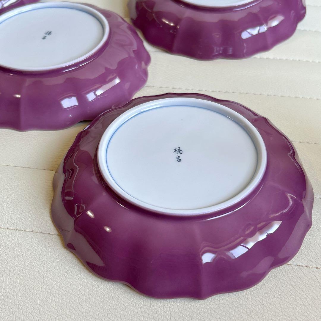 たち吉　金彩　紫　輪花皿揃　5枚セット　染付　銘々皿　中皿　和皿　和食器　花紋