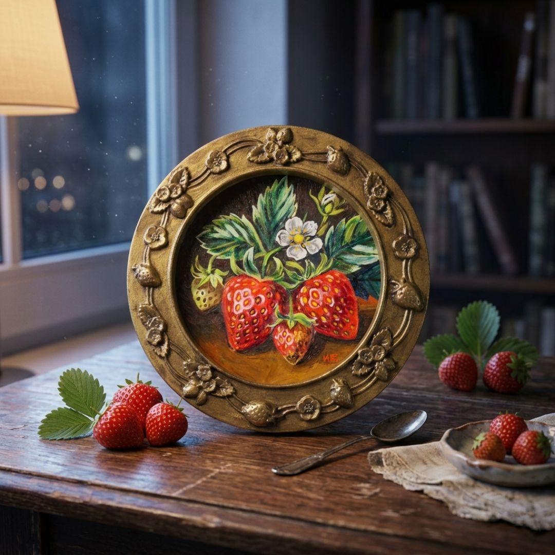 p*4様 油絵 原画『至福のひと時 ― 芳醇な記憶』苺 ミニ絵画 アンティークゴ