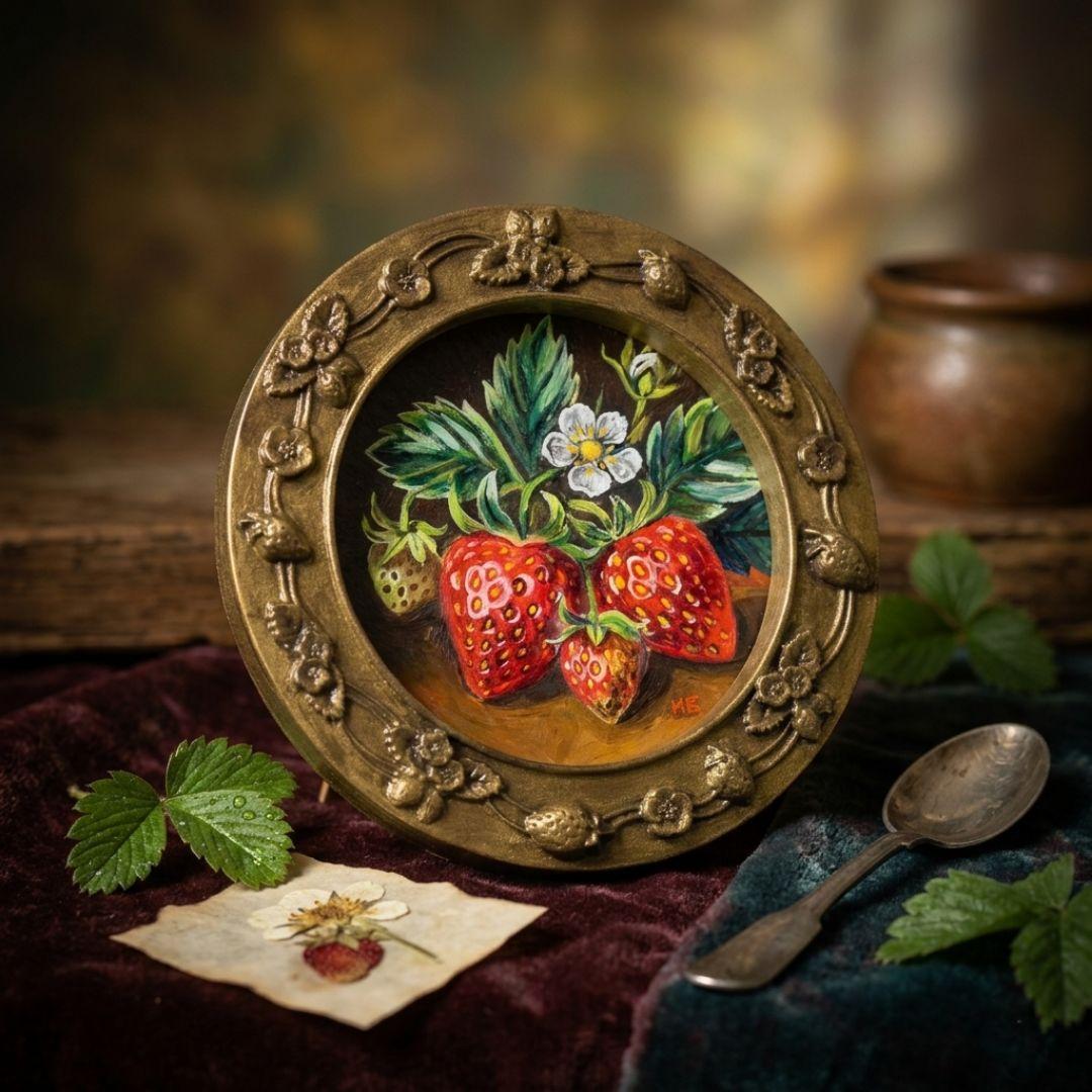 p*4様 油絵 原画『至福のひと時 ― 芳醇な記憶』苺 ミニ絵画 アンティークゴ