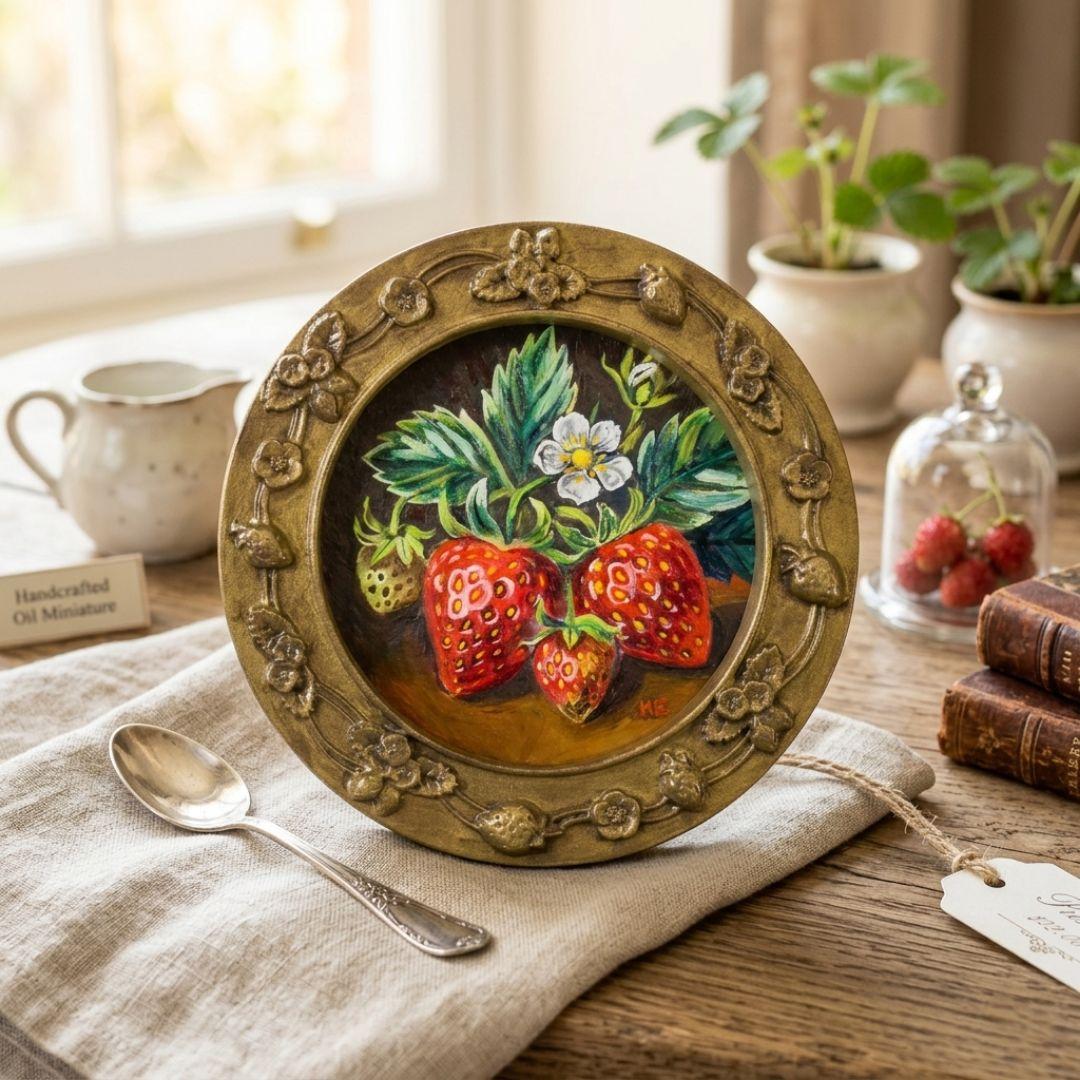 p*4様 油絵 原画『至福のひと時 ― 芳醇な記憶』苺 ミニ絵画 アンティークゴ