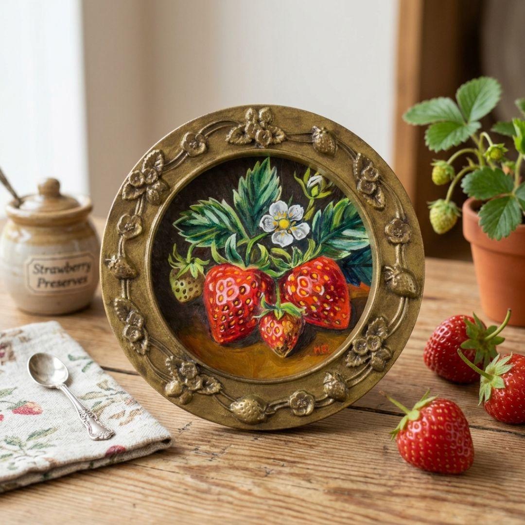 p*4様 油絵 原画『至福のひと時 ― 芳醇な記憶』苺 ミニ絵画 アンティークゴ