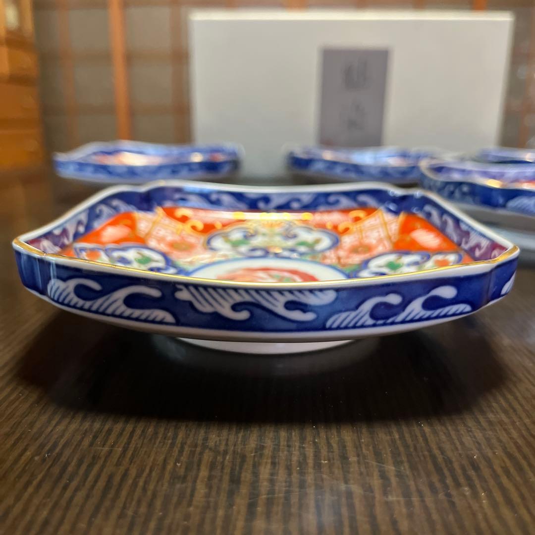 【新品未使用】有田焼 龍峰窯 金彩古伊万里 角銘々皿揃 箱付き 5枚 高島屋
