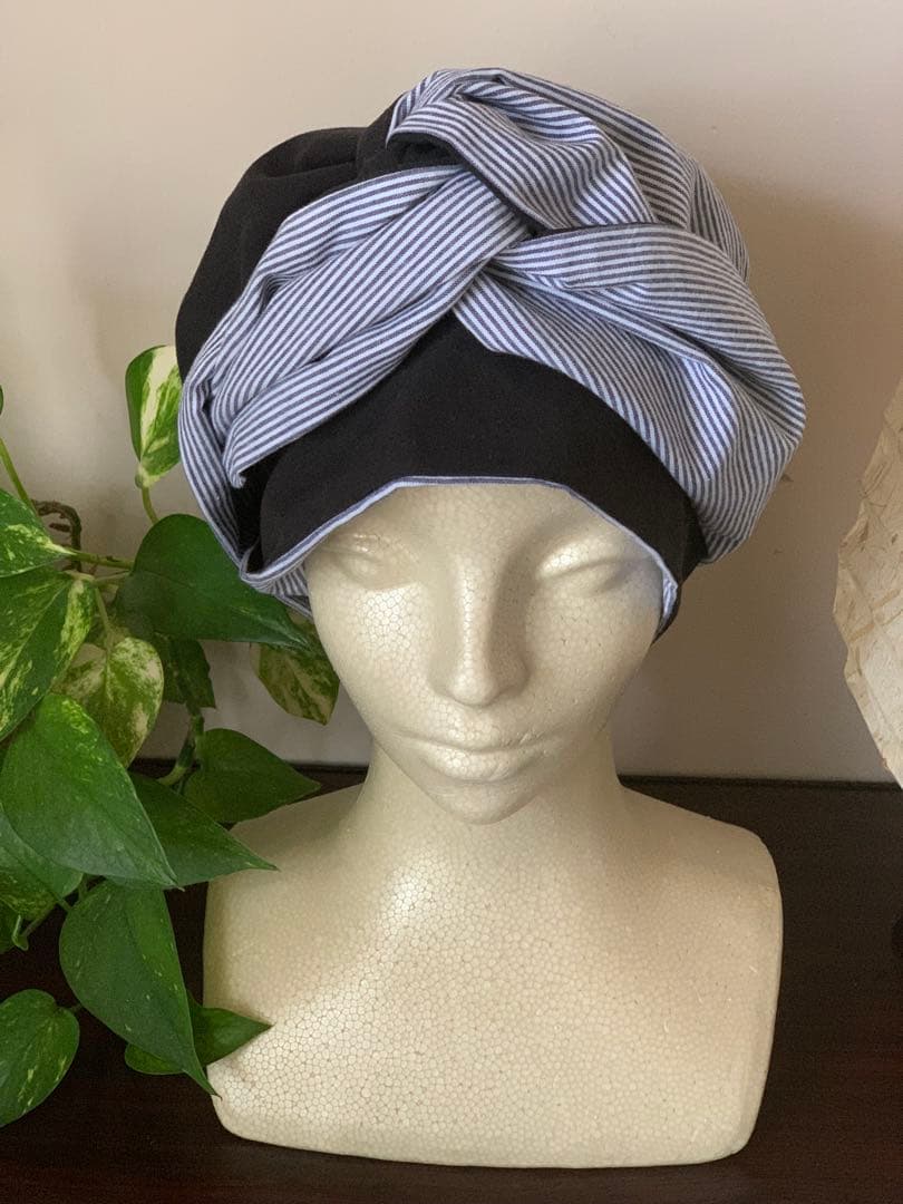 ターバン帽子⭐︎ヘッドラップ(黒xストライプ)
