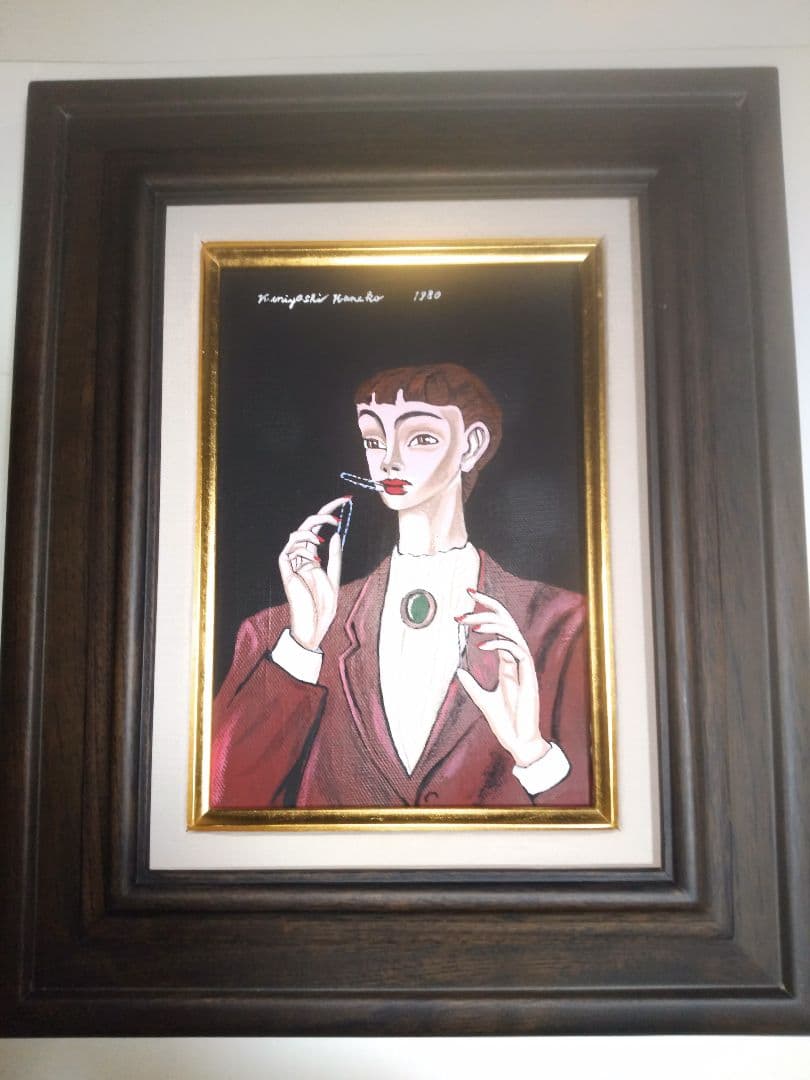 金子國義、絵画、油彩、SM号、ピンオを噛む女、高級額縁、肉筆、鴨居玲、宮永岳彦。