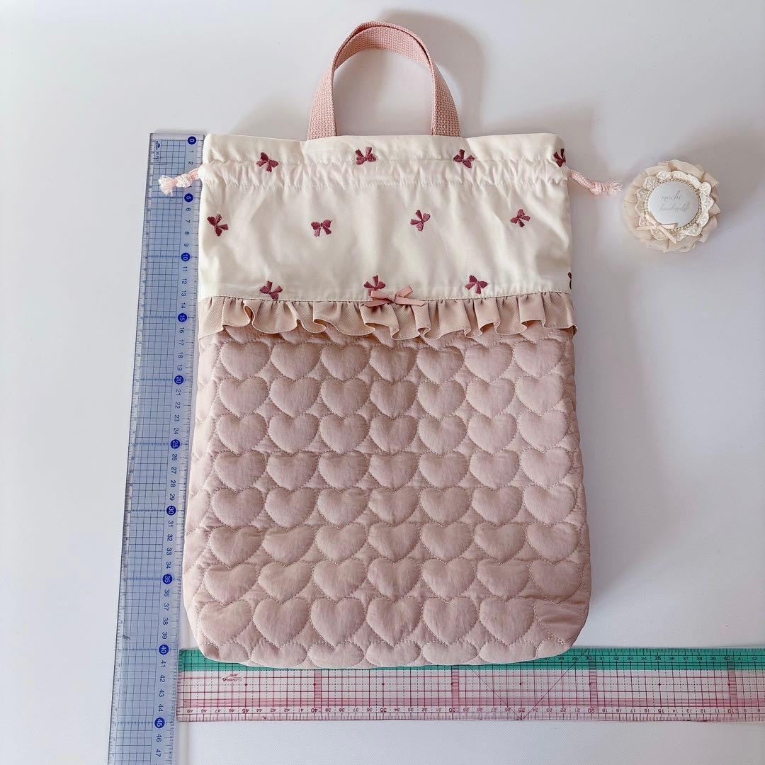 かほ様　ハート　キルト　レッスンバッグ　上履き袋　ヌビ　りぼん　刺繍生地