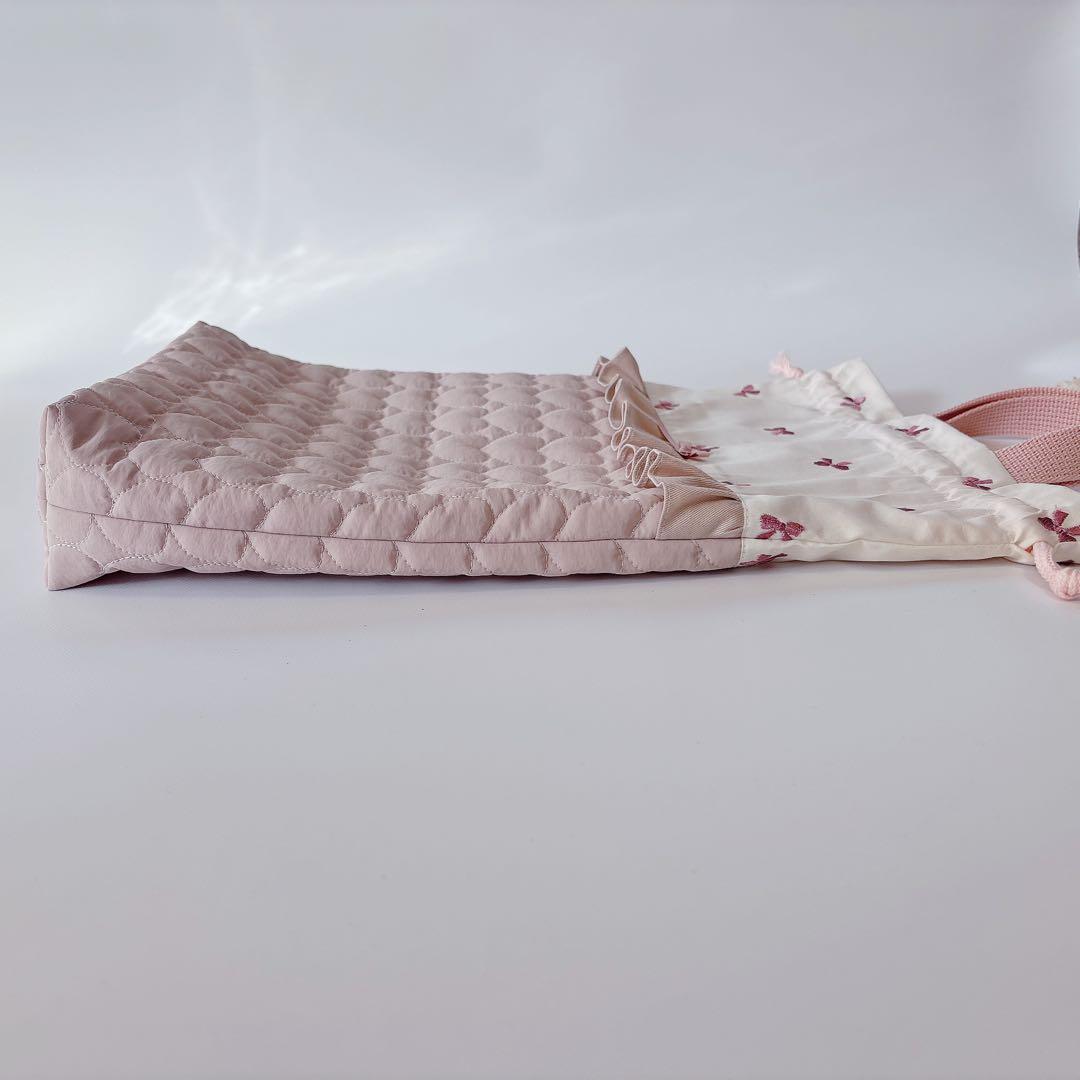 かほ様　ハート　キルト　レッスンバッグ　上履き袋　ヌビ　りぼん　刺繍生地