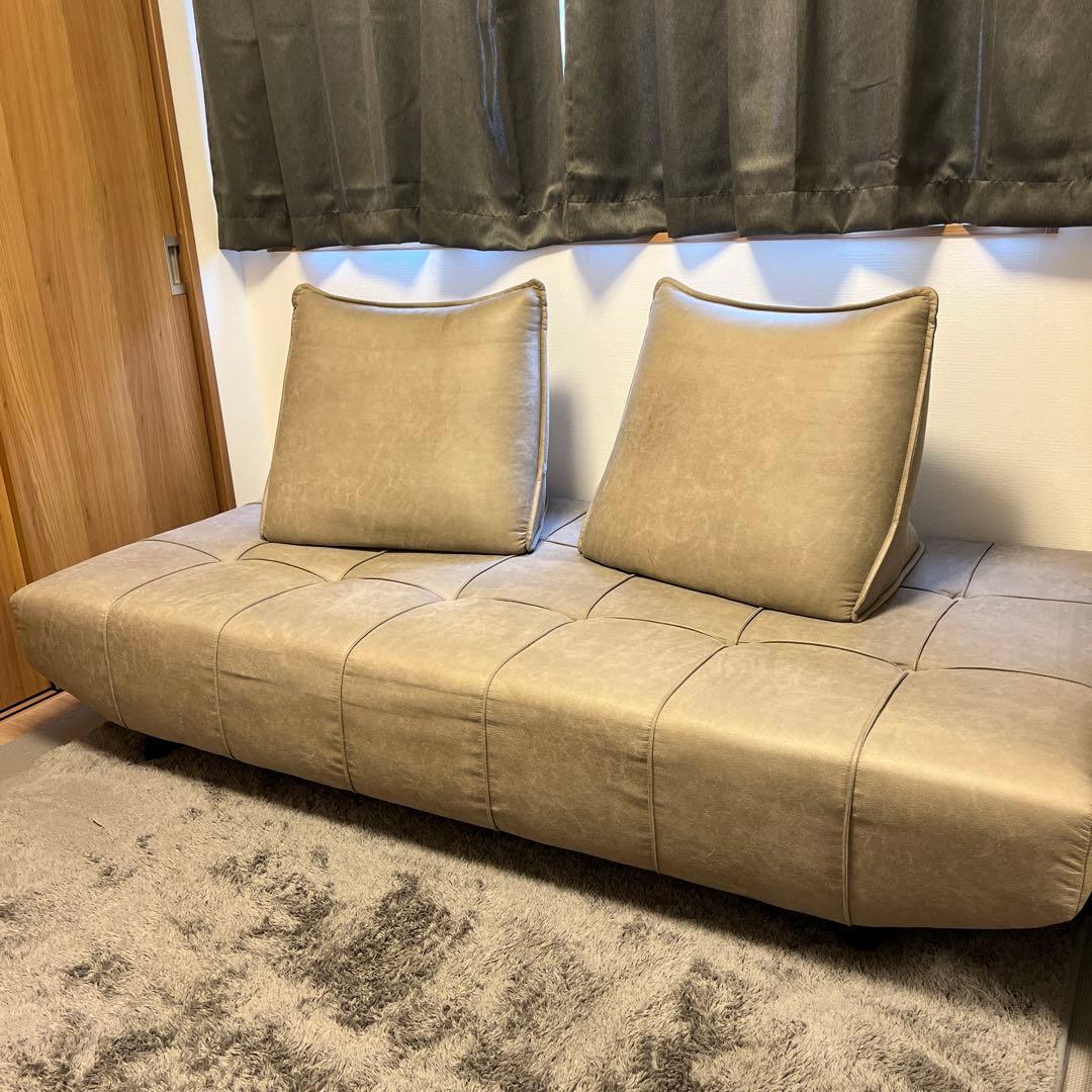 ①グレー　背もたれ別　2wayソファー　合皮　レザー　ロータイプソファ　ベット