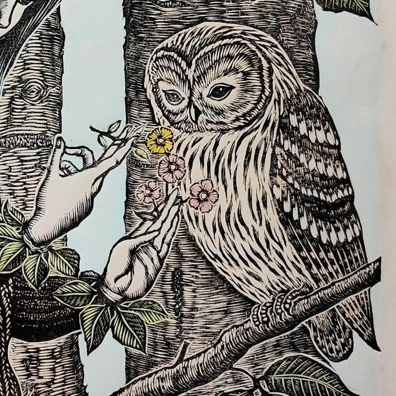 ☆手島圭三郎☆「ふくろうと少女、花」木版画　全紙サイズ　未使用額！
