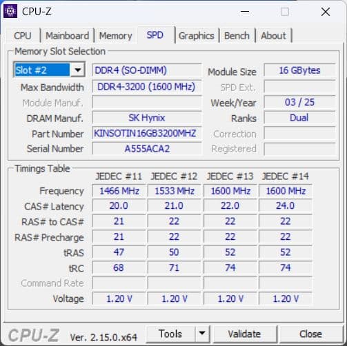DDR4-3200 SODIMM 16GB SKhynix製チップ ノートPC用