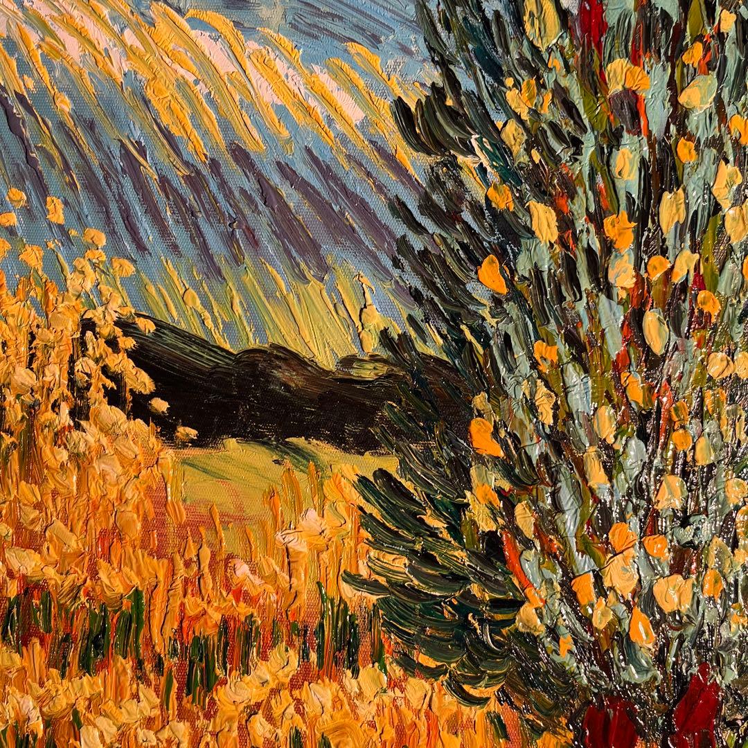 手書き油絵 ゴッホ 糸杉と星の見える道 額付 肉筆絵画 インテリア 油彩画