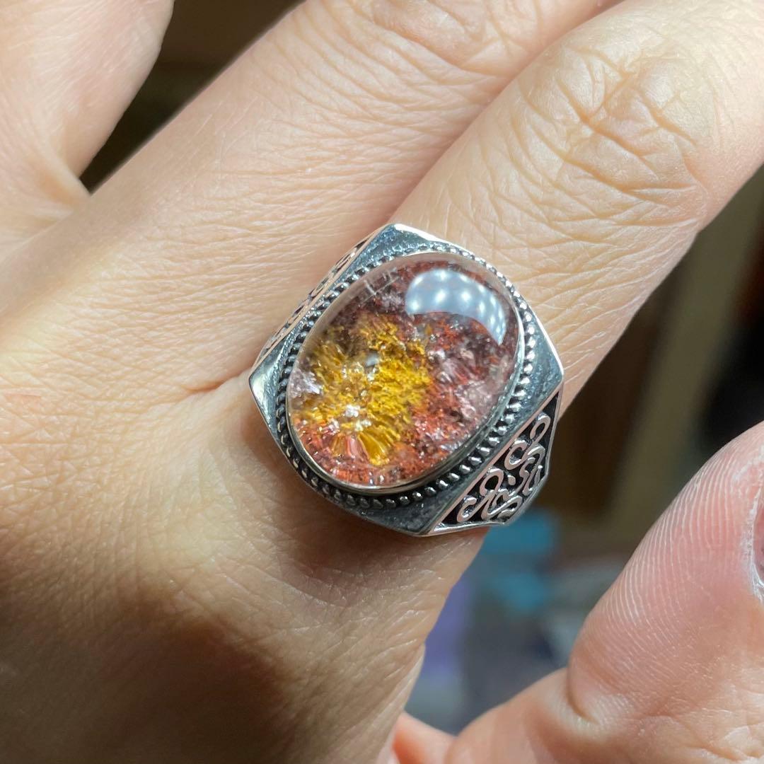 天然石リング　ガーデンクォーツ　赤黄ピンク　17*13mm SV925刻印