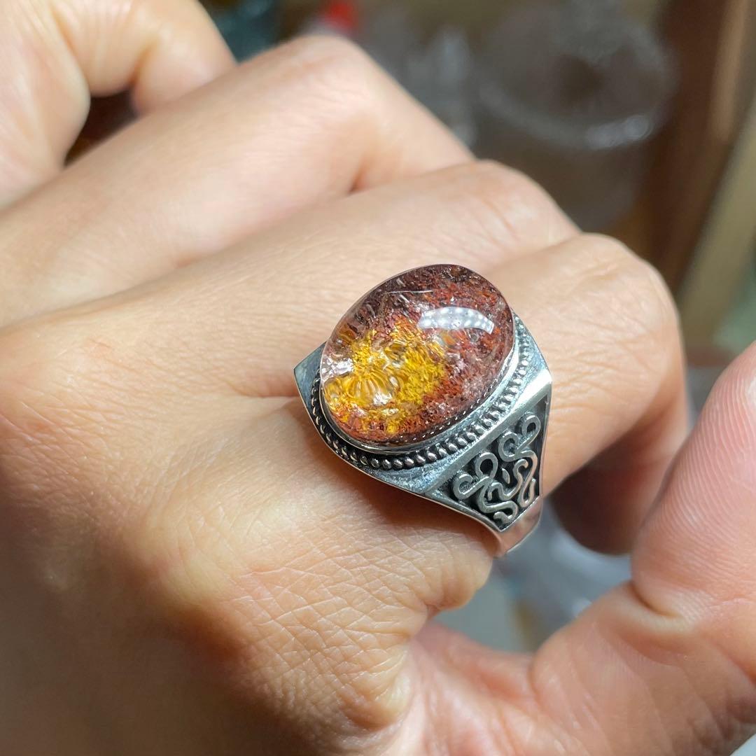 天然石リング　ガーデンクォーツ　赤黄ピンク　17*13mm SV925刻印