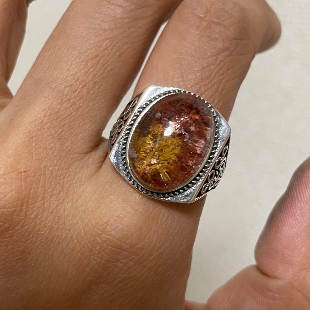 天然石リング　ガーデンクォーツ　赤黄ピンク　17*13mm SV925刻印