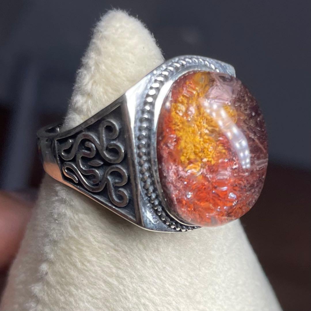 天然石リング　ガーデンクォーツ　赤黄ピンク　17*13mm SV925刻印