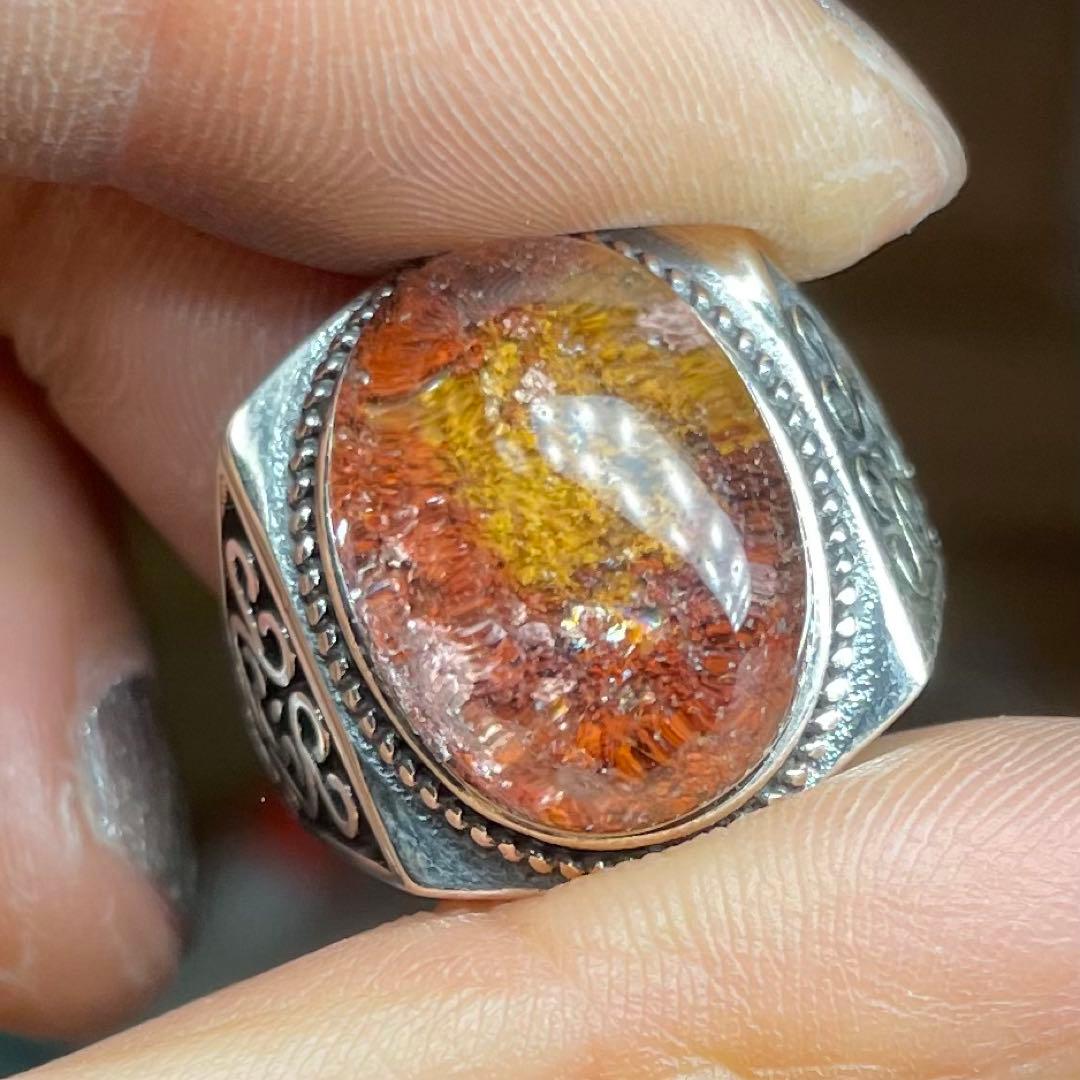 天然石リング　ガーデンクォーツ　赤黄ピンク　17*13mm SV925刻印