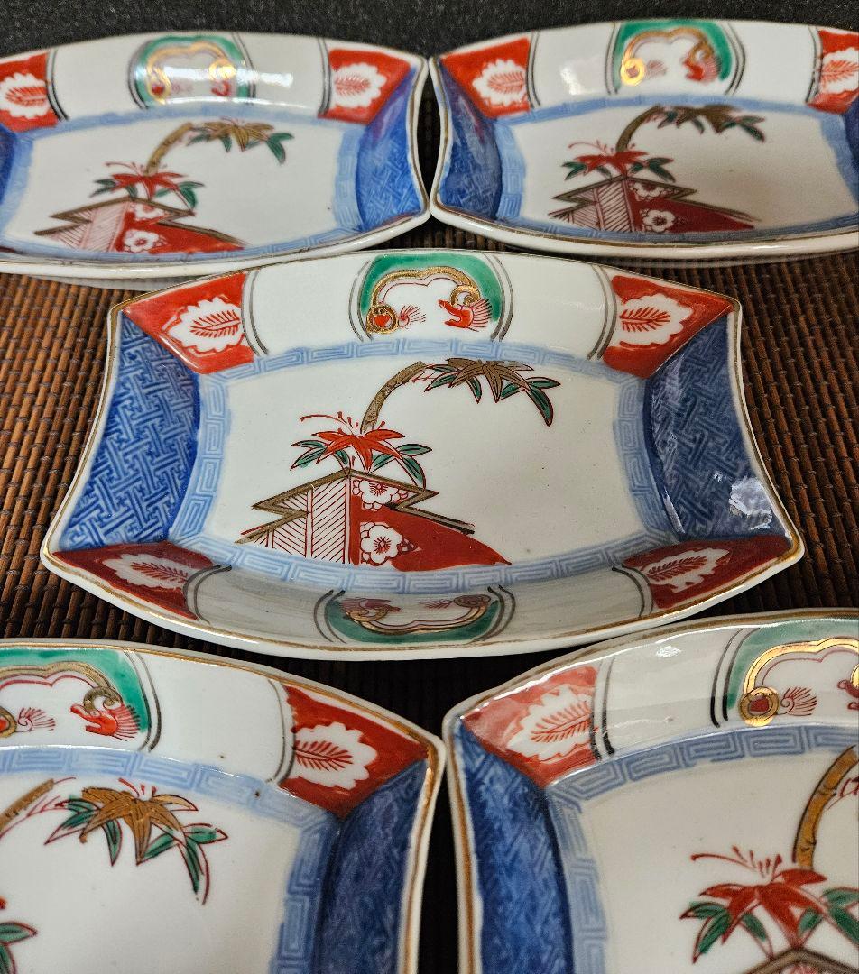 明治時代～大正時代　染錦　松竹梅に龍の図　舟形変形皿　5客　厚手　無傷！
