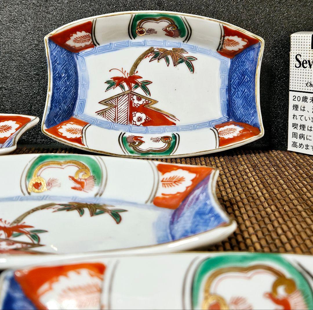 明治時代～大正時代　染錦　松竹梅に龍の図　舟形変形皿　5客　厚手　無傷！