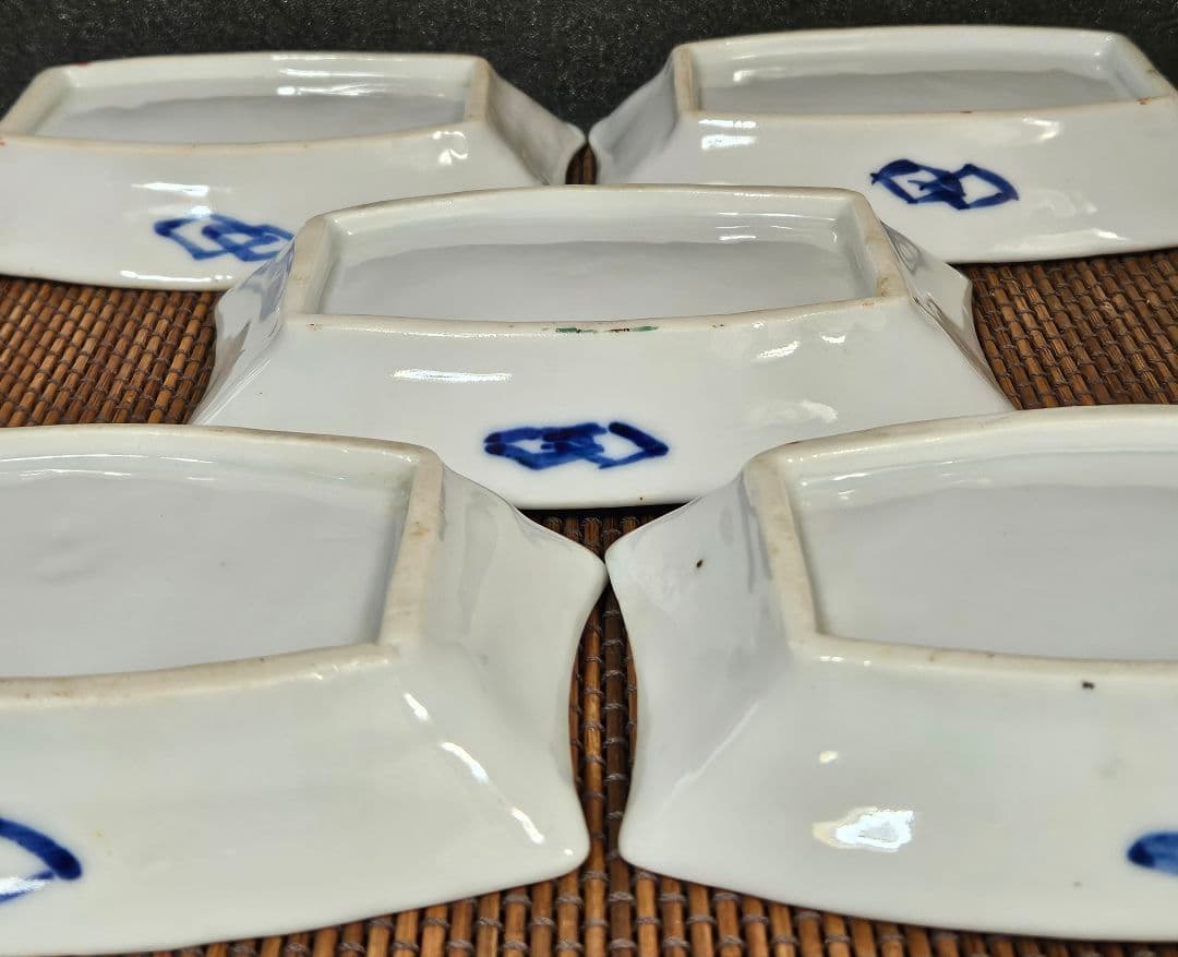 明治時代～大正時代　染錦　松竹梅に龍の図　舟形変形皿　5客　厚手　無傷！