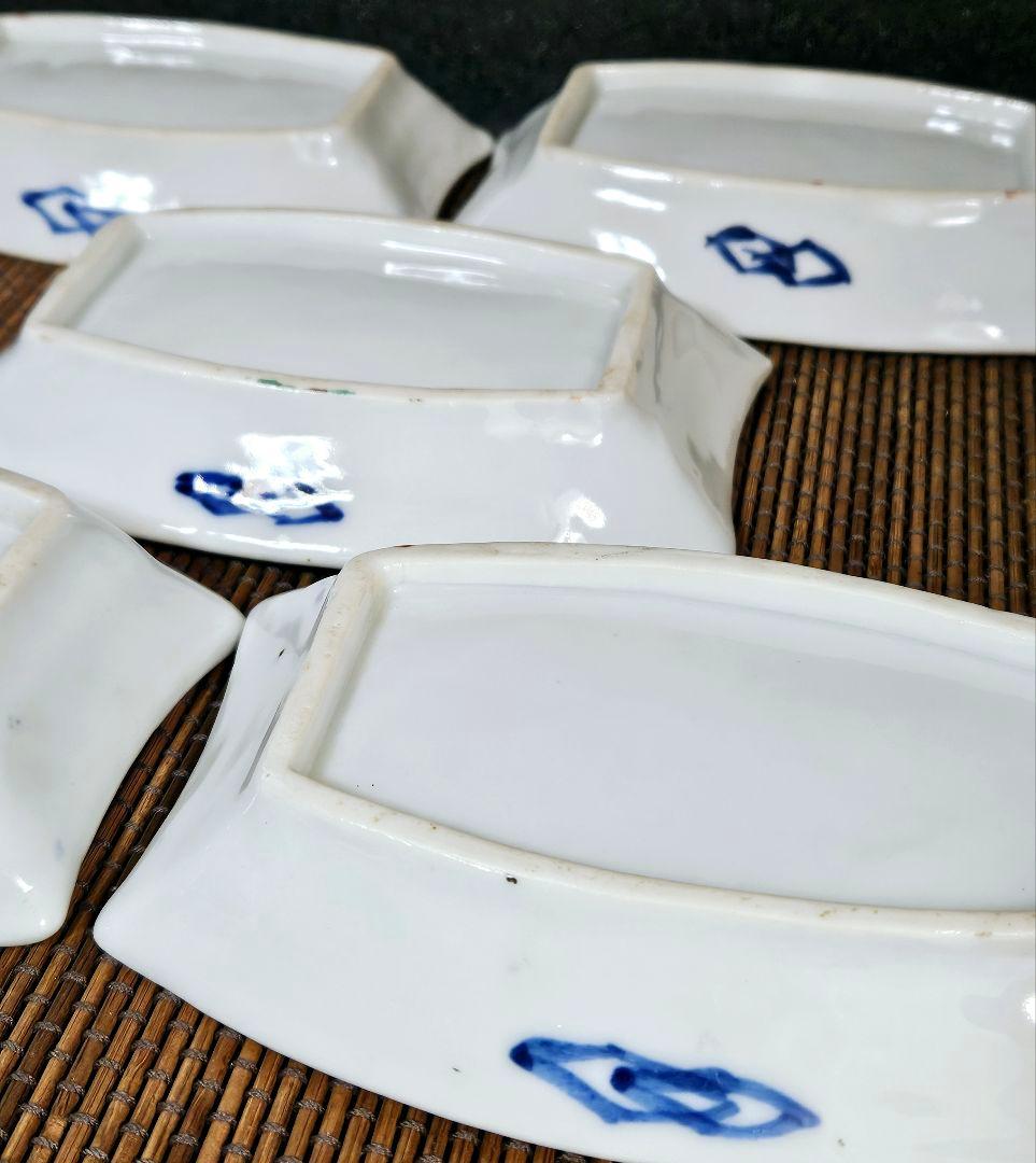 明治時代～大正時代　染錦　松竹梅に龍の図　舟形変形皿　5客　厚手　無傷！