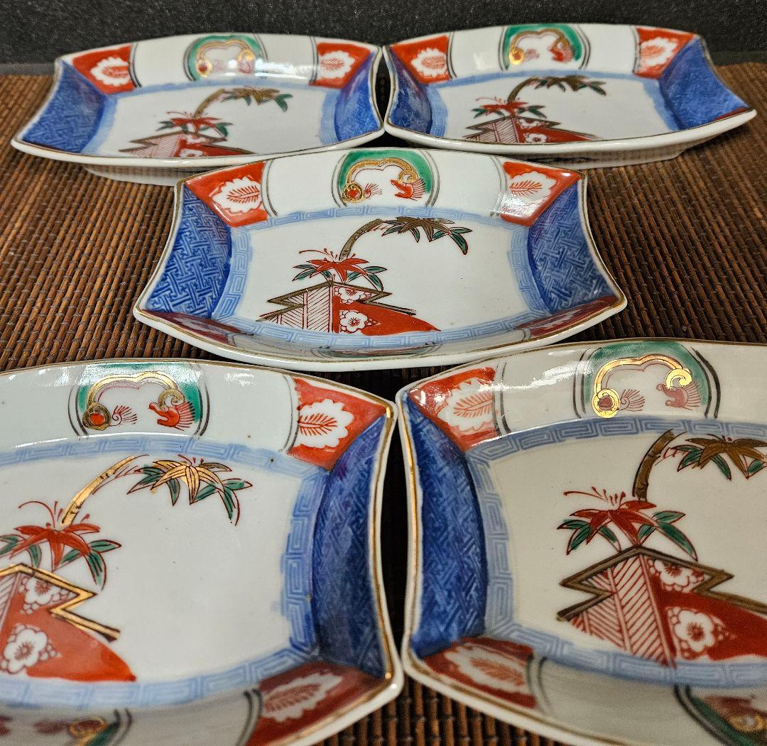 明治時代～大正時代　染錦　松竹梅に龍の図　舟形変形皿　5客　厚手　無傷！