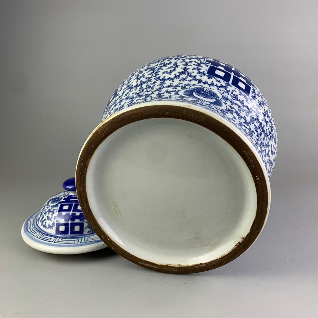 青花喜字紋将軍缶 景徳鎮 陶磁器 装飾品 現代工芸品 美術品 置物