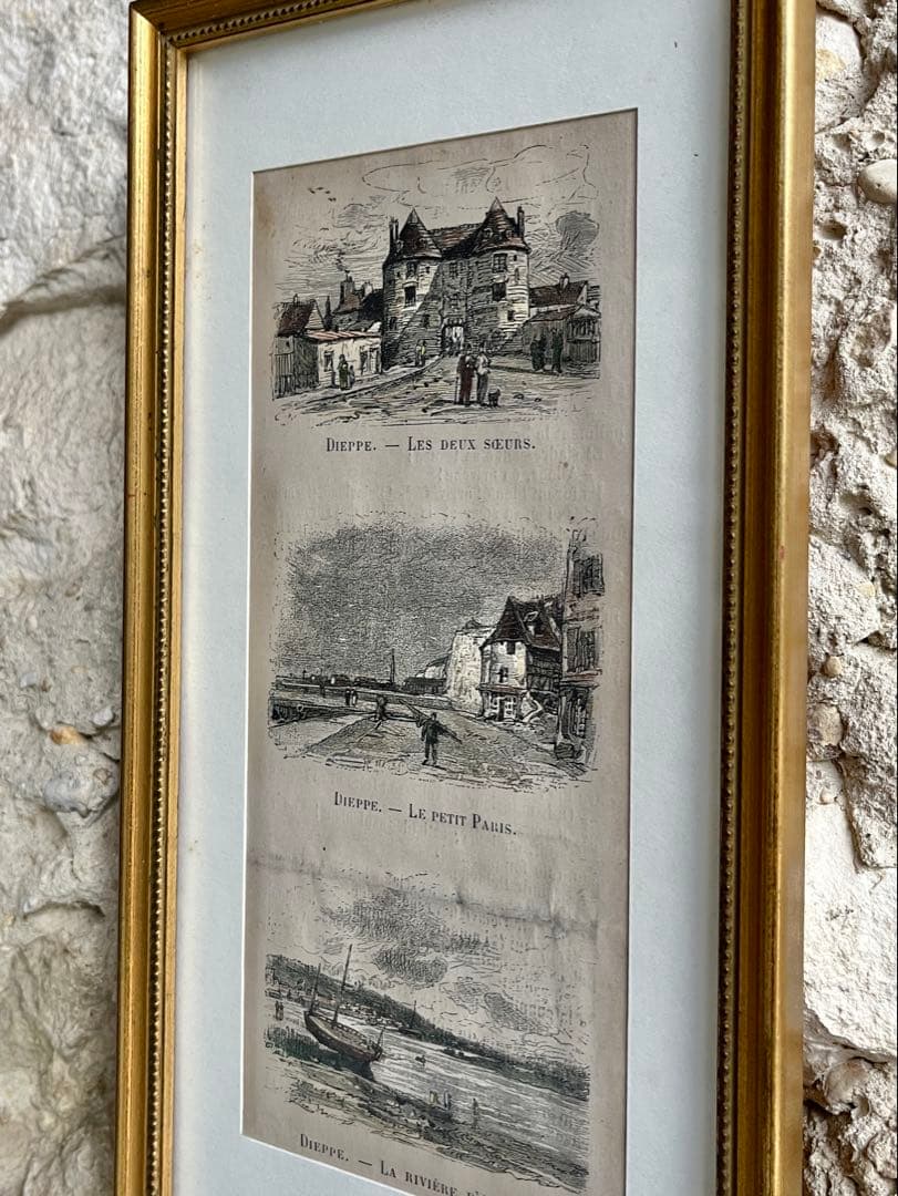 ◆最終SALEフランスアンティーク｜版画田舎の風景ノルマンディー絵画額壁掛け