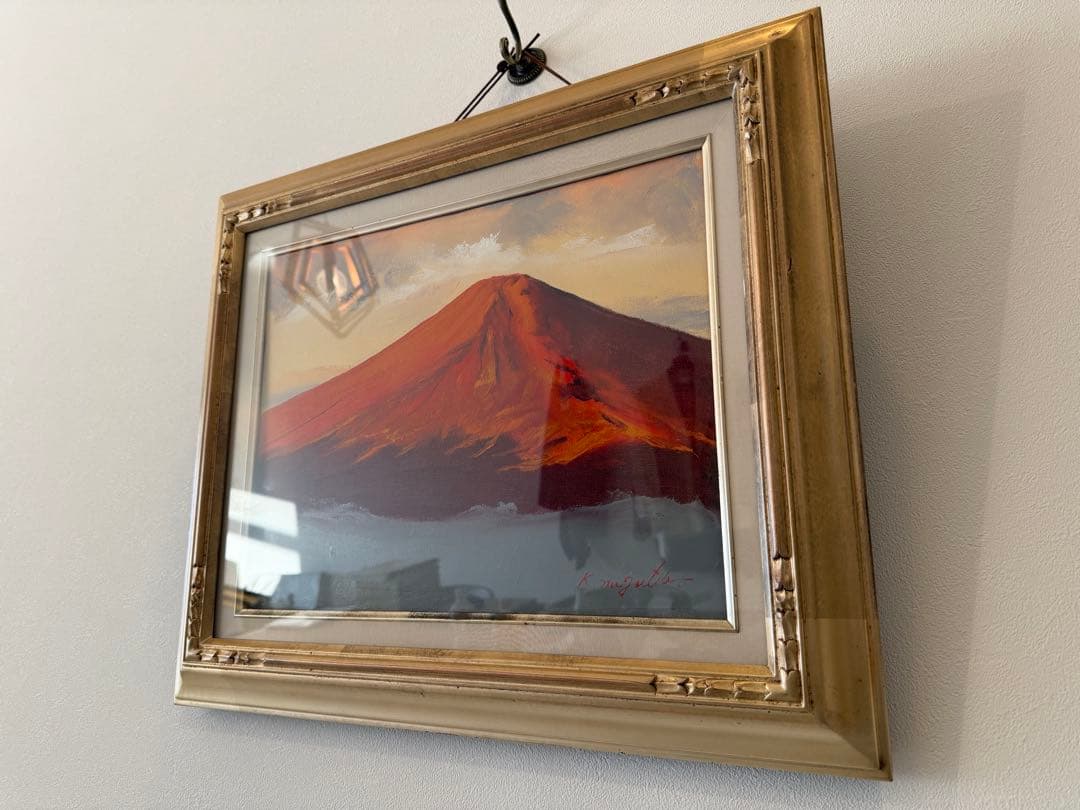 永田金吾 作 赤富士 油彩画 額装入り 直筆サイン・画題紙付き