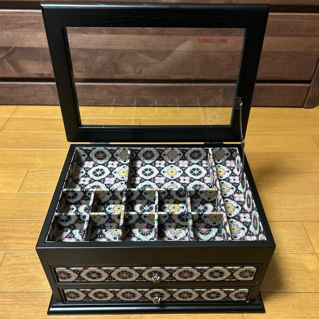 和柄 モダン 小物入れ 引き出し収納 2段 木製 布張り 強化ガラス 上開き