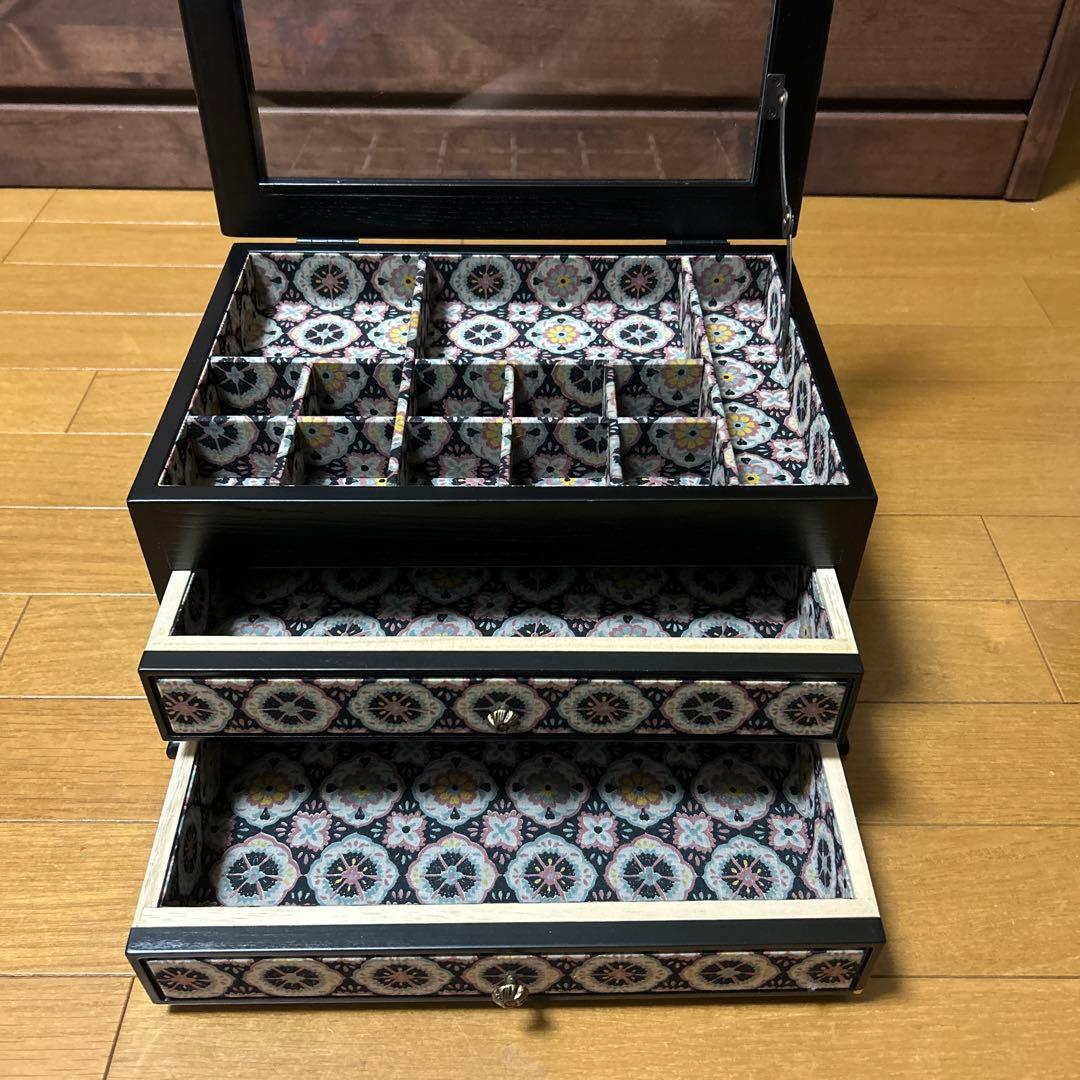 和柄 モダン 小物入れ 引き出し収納 2段 木製 布張り 強化ガラス 上開き