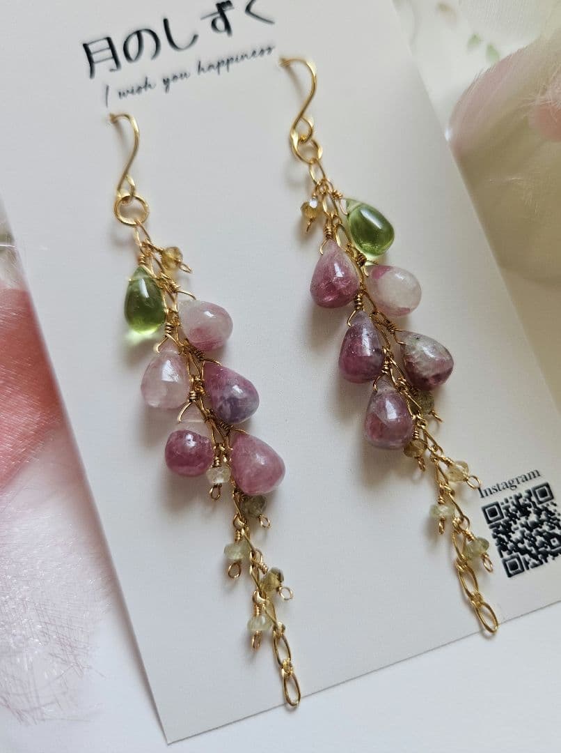 ハンドメイドピアス ピンクトルマリンインクォーツ～ハナミズキ・一点物～