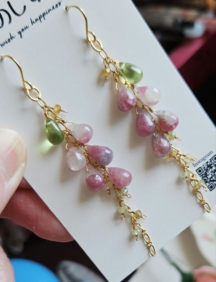 ハンドメイドピアス ピンクトルマリンインクォーツ～ハナミズキ・一点物～