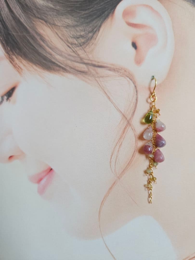 ハンドメイドピアス ピンクトルマリンインクォーツ～ハナミズキ・一点物～