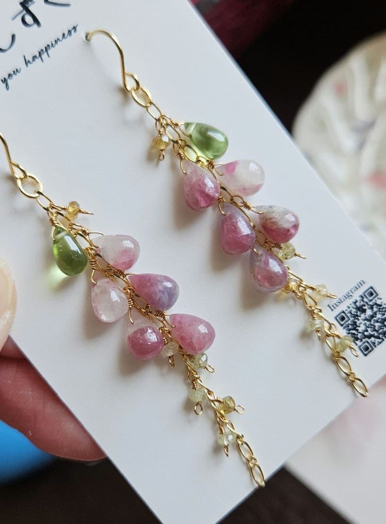 ハンドメイドピアス ピンクトルマリンインクォーツ～ハナミズキ・一点物～