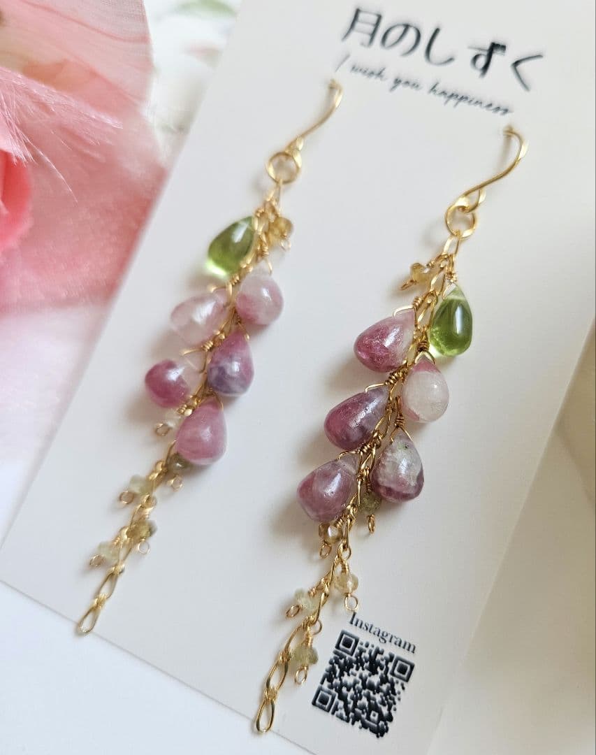 ハンドメイドピアス ピンクトルマリンインクォーツ～ハナミズキ・一点物～