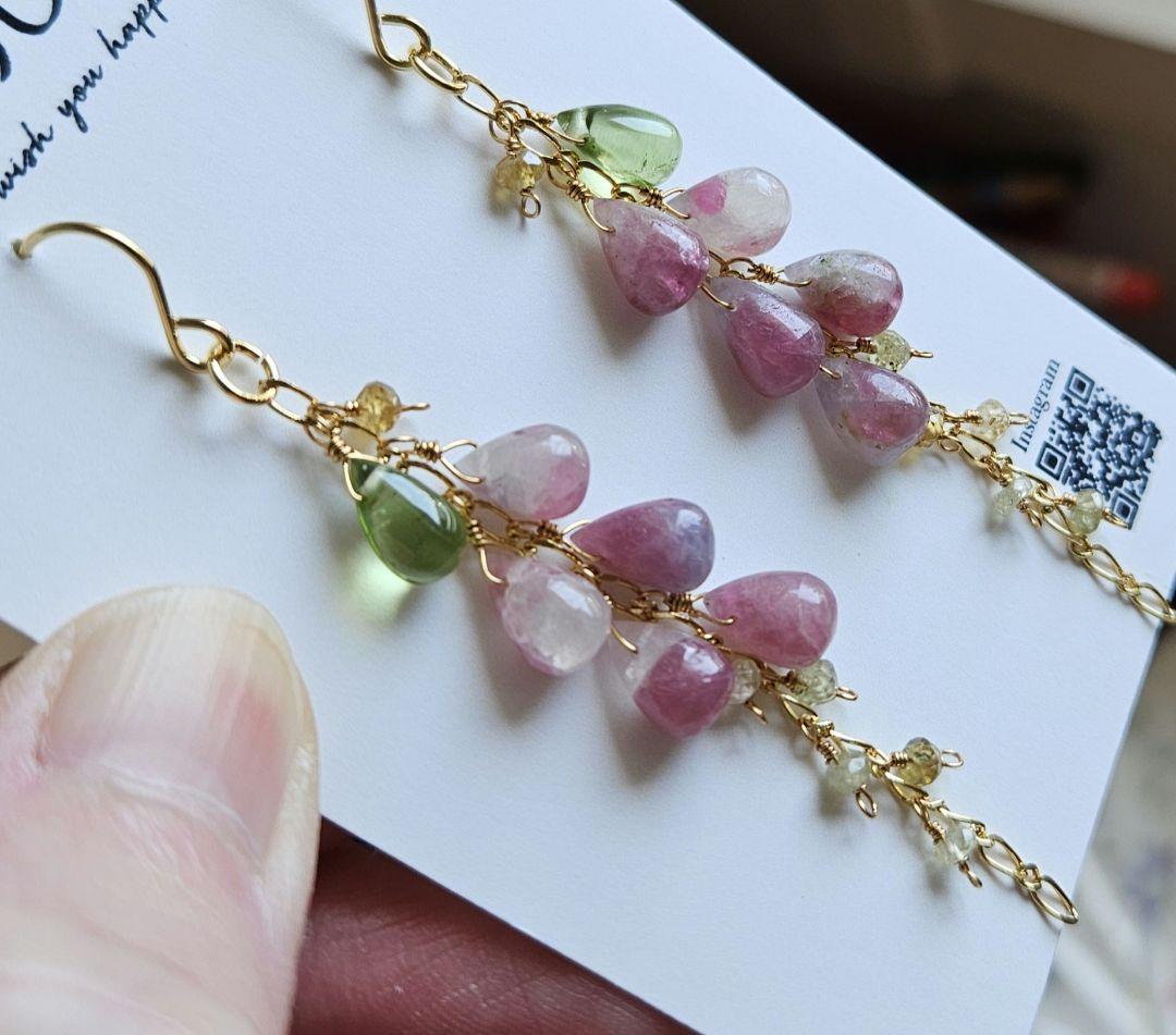 ハンドメイドピアス ピンクトルマリンインクォーツ～ハナミズキ・一点物～