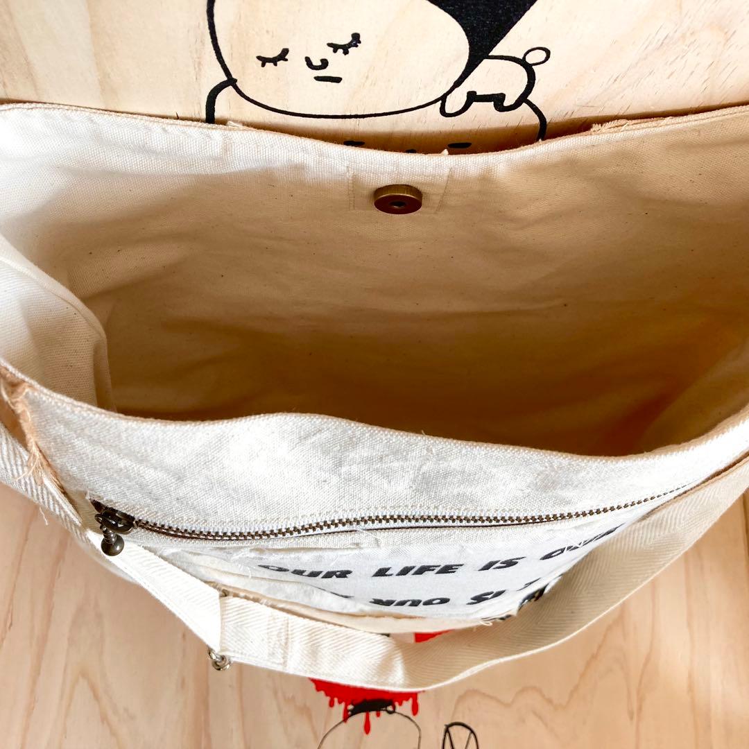 ハンドメイド　ショルダーバック柿渋染め　オリジナルイラスト