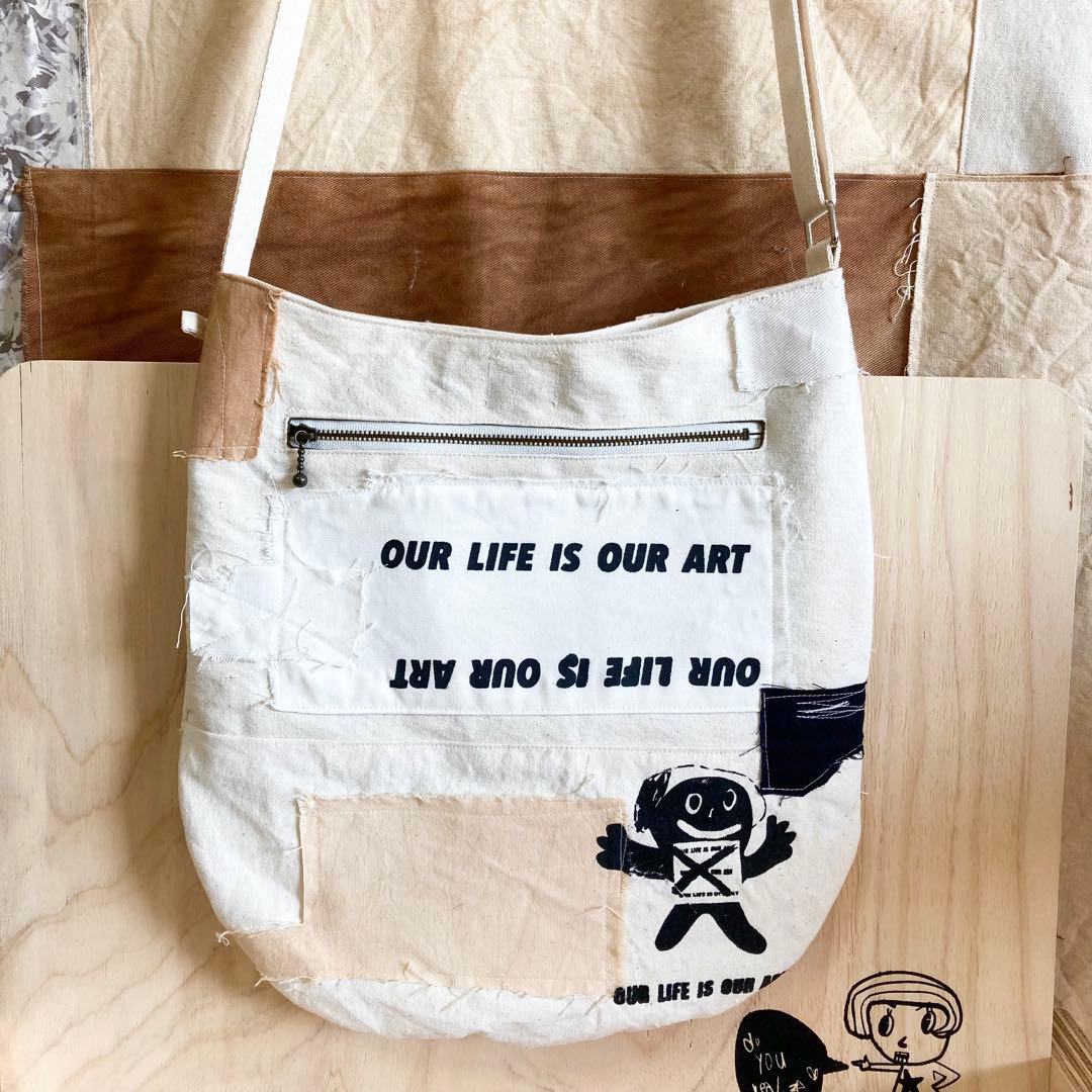 ハンドメイド　ショルダーバック柿渋染め　オリジナルイラスト