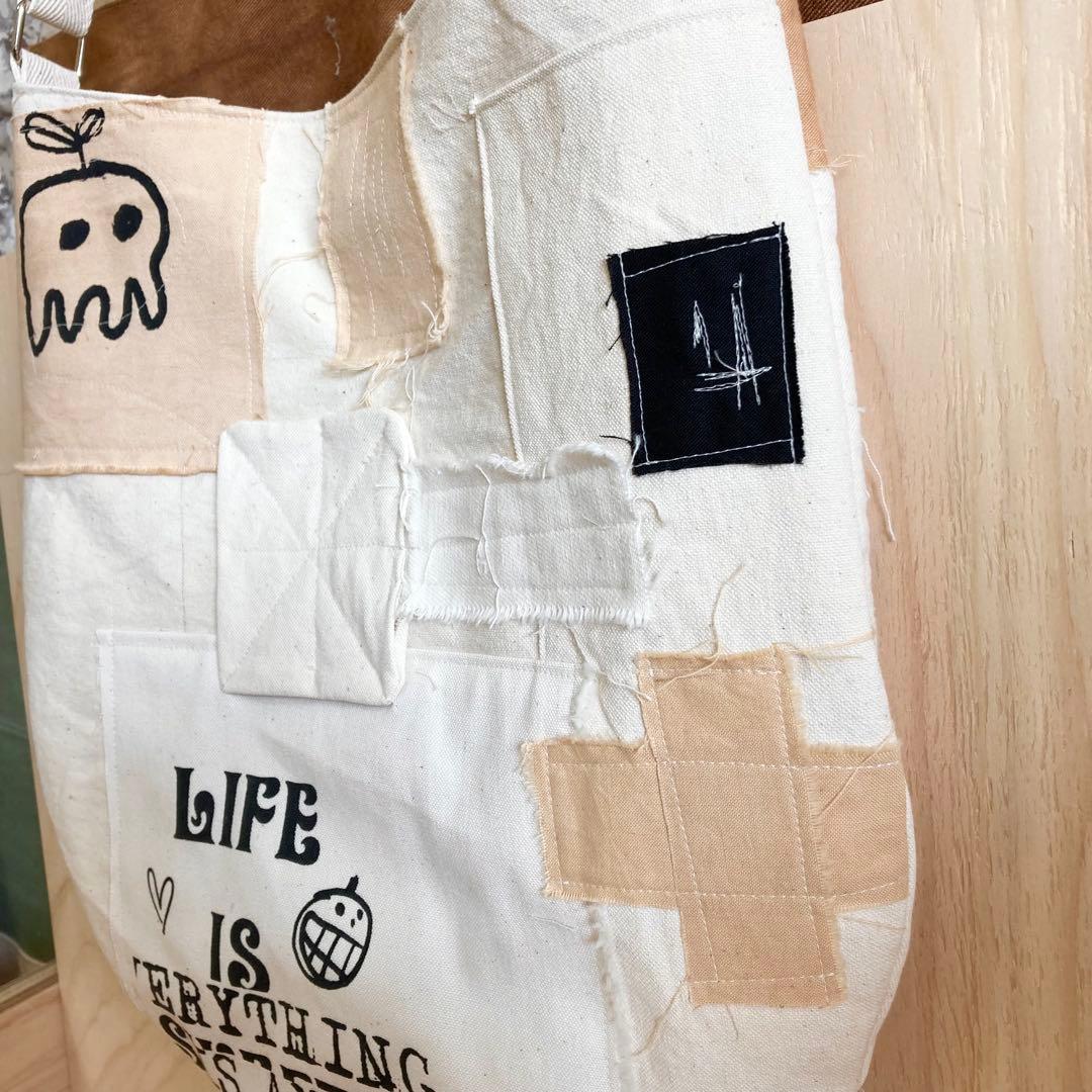 ハンドメイド　ショルダーバック柿渋染め　オリジナルイラスト