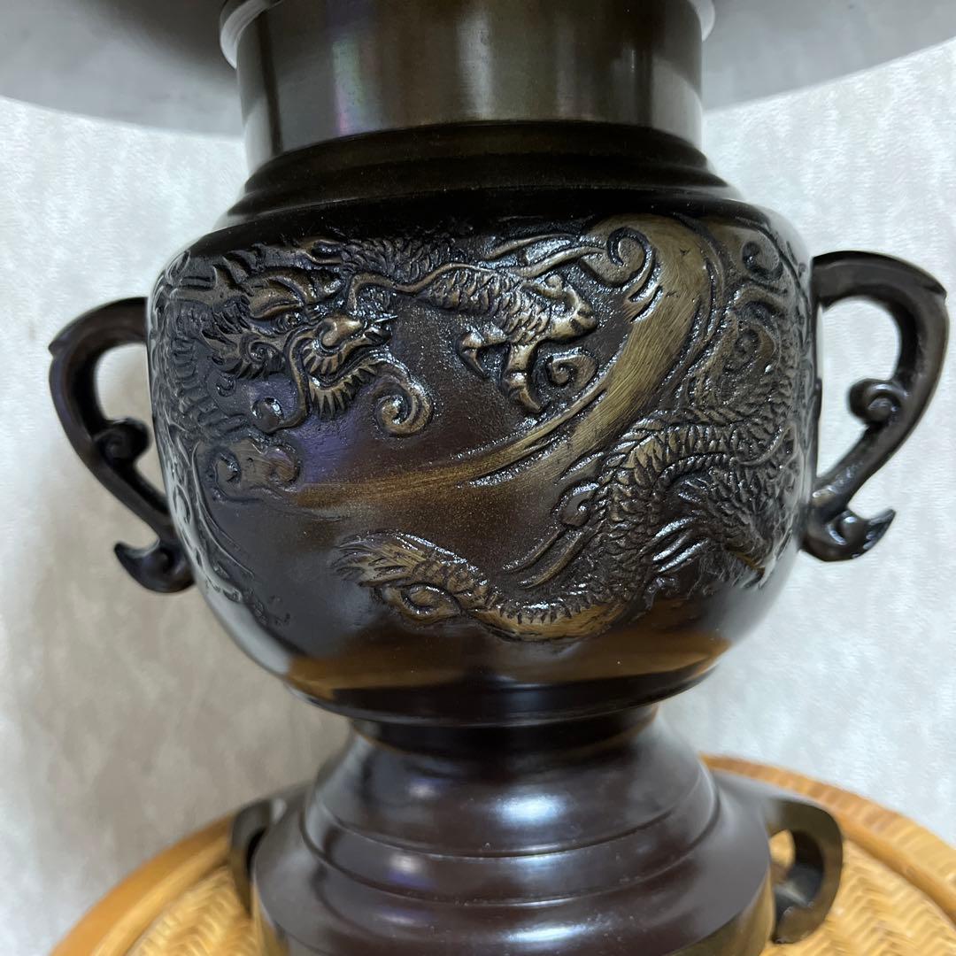 薄端 唐銅 龍 虎 模様　三脚   伝統工芸縁起物