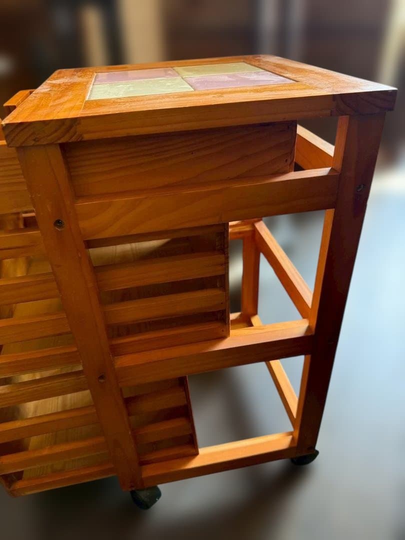 昭和レトロ キャスター付きワゴン タイル天板 3段チェスト キッチンワゴン 木製