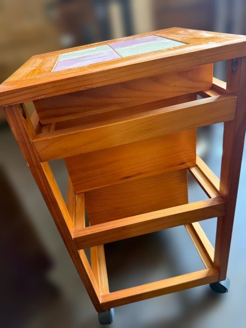 昭和レトロ キャスター付きワゴン タイル天板 3段チェスト キッチンワゴン 木製