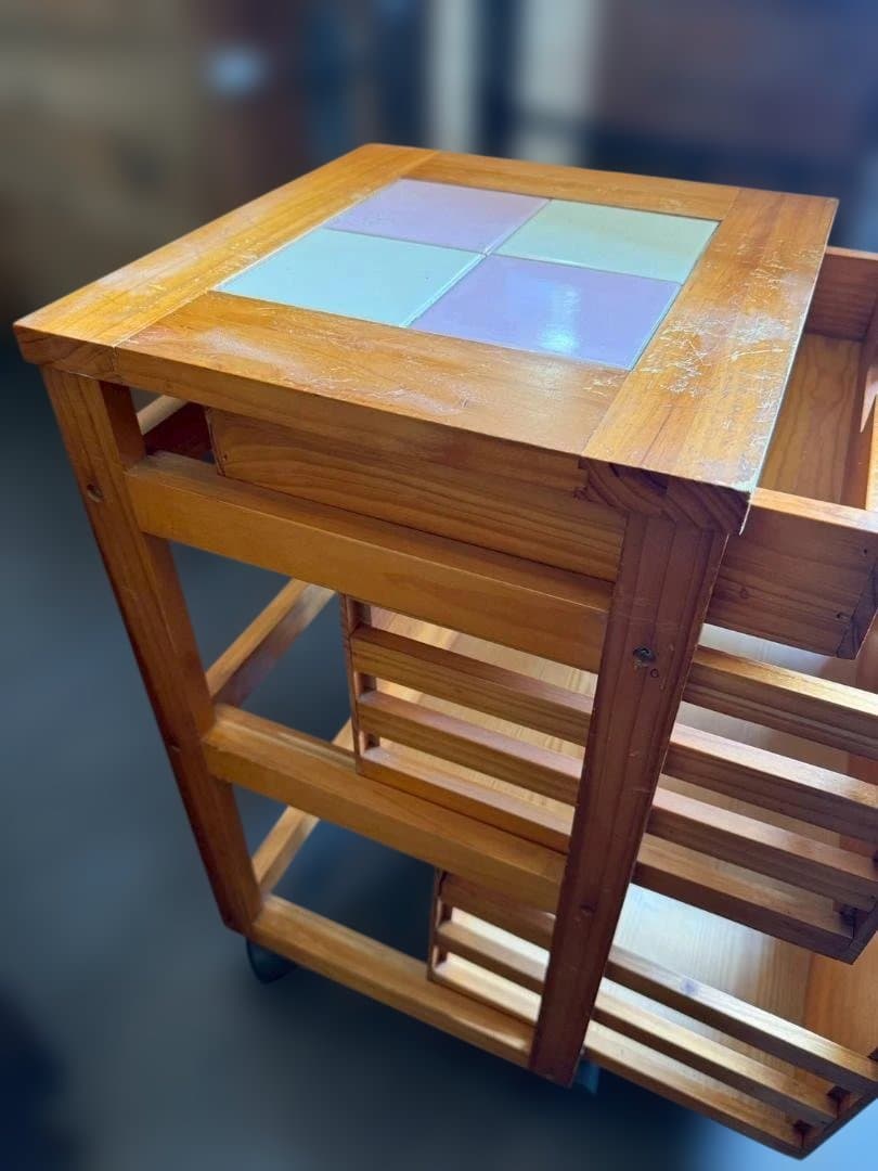 昭和レトロ キャスター付きワゴン タイル天板 3段チェスト キッチンワゴン 木製