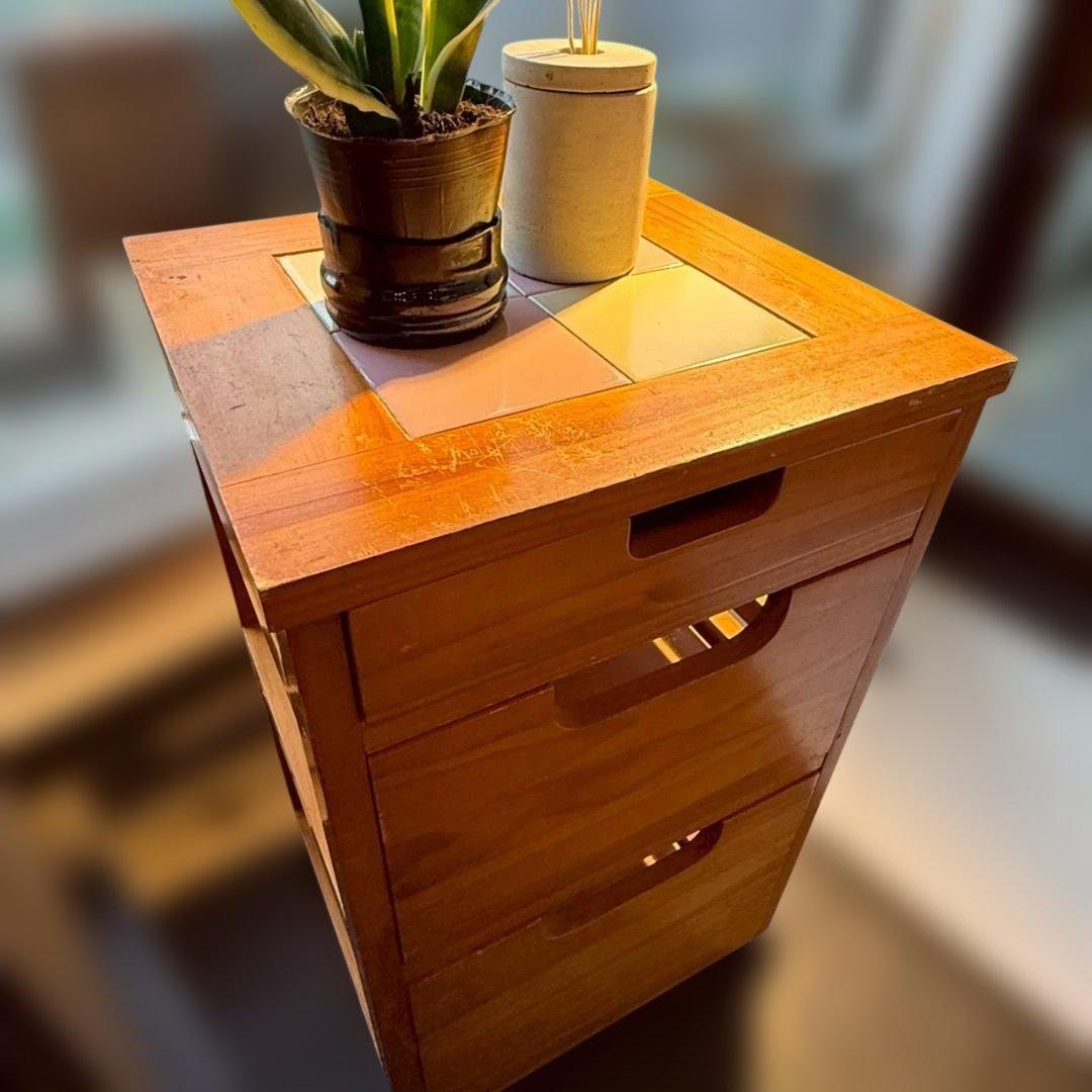 昭和レトロ キャスター付きワゴン タイル天板 3段チェスト キッチンワゴン 木製