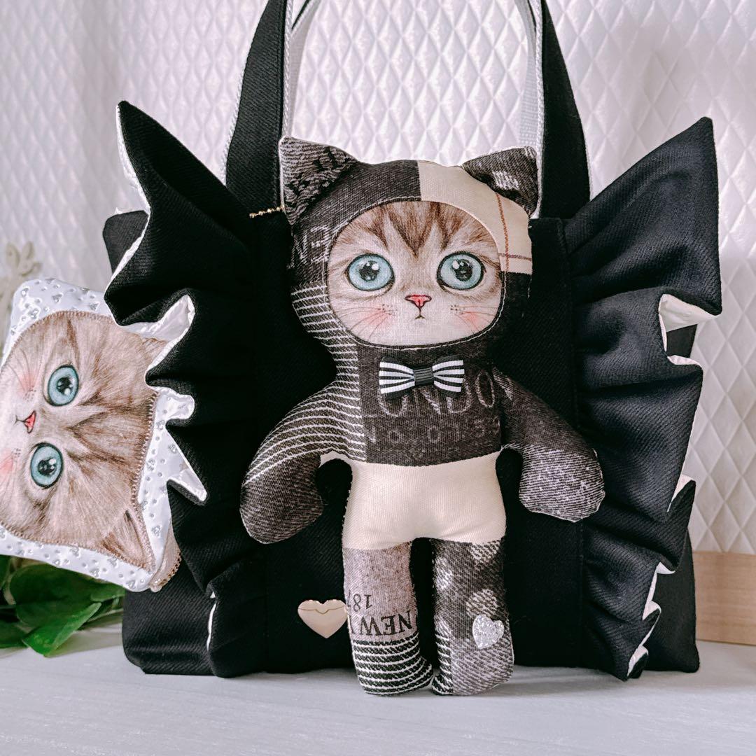 r*e様 コヤンイサムチョン♡ 着ぐるみサバネコちゃんのブラックデニムトートバッ
