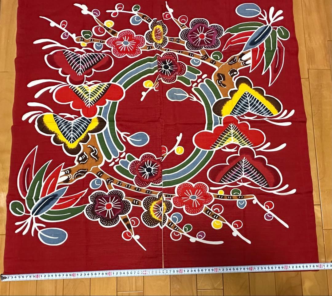 昭和レトロ 年代物 沖縄 のれん 和風 赤 エンジ 赤茶 90cm×90cm