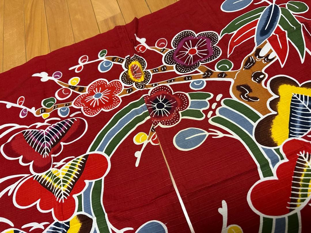 昭和レトロ 年代物 沖縄 のれん 和風 赤 エンジ 赤茶 90cm×90cm